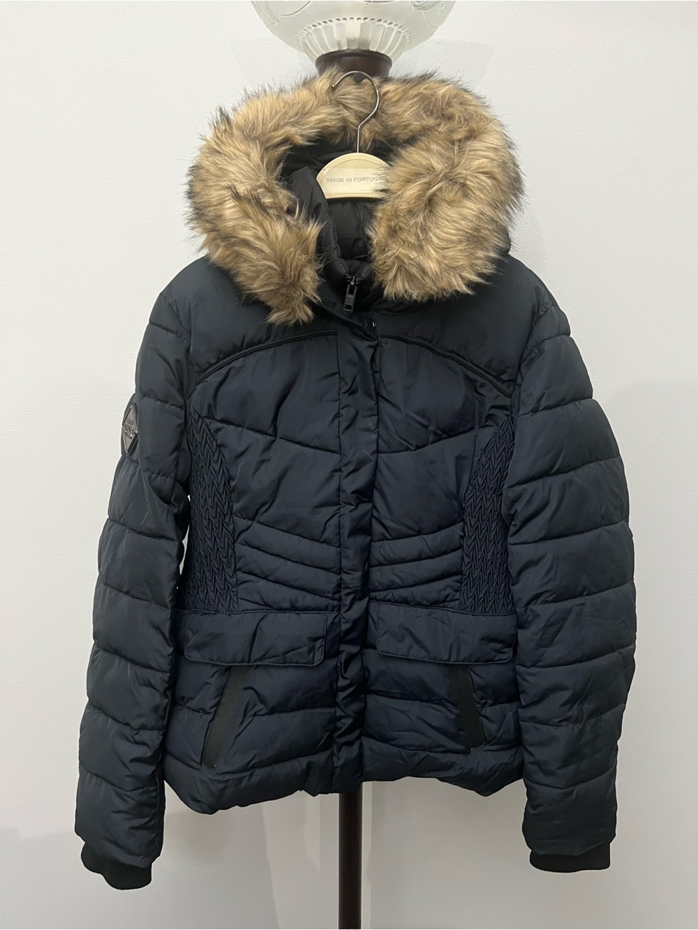 Superdry Black Puffer Jacket with Faux Fur Hood Trim
